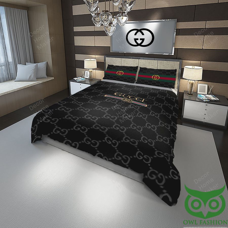 52 Luxury Gucci Monogram Black and Golden Brand Name and Logo in Center Bedding Set