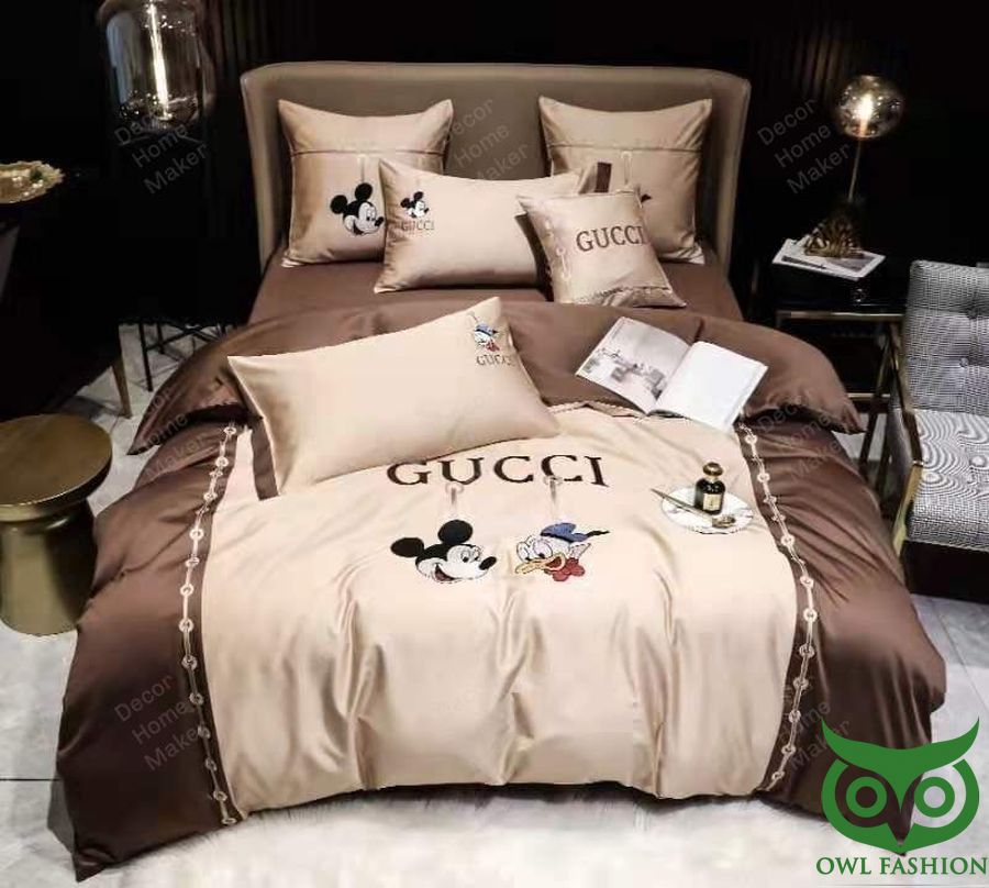 2 Luxury Gucci Brown and Beige Color Mickey and Donald Bedding Set
