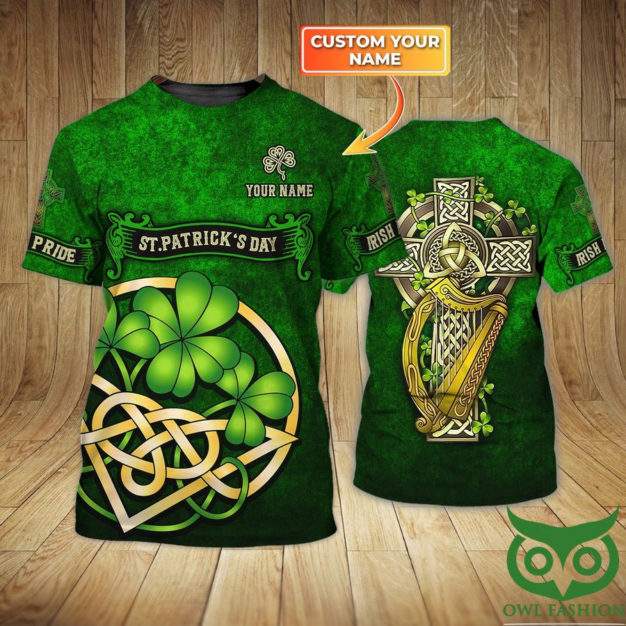 Custom Name Green Leaves Irish Pride Crucifix St.Patrick's Day 3D T-shirt