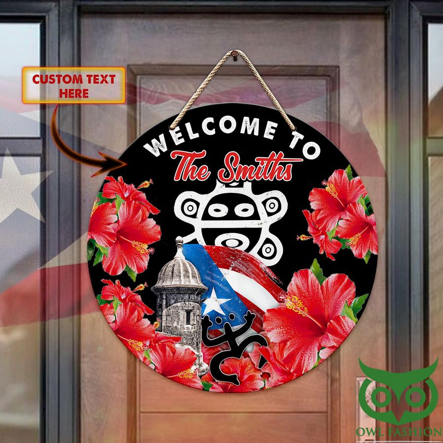 Custom Text Puerto Rico Welcome To The Smiths with Flowers and Flag Wood Sign