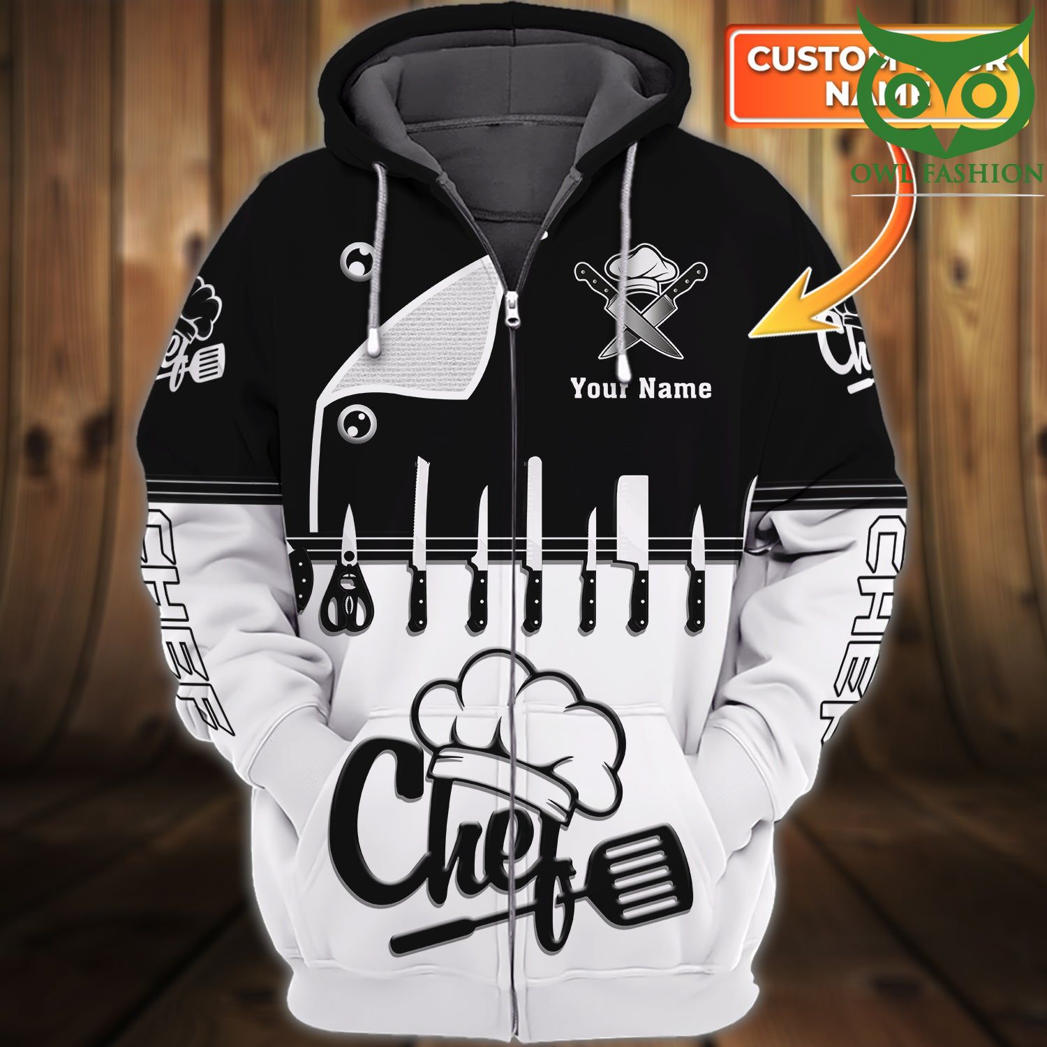 Chef Personalized Name 3D Zipper Hoodie 