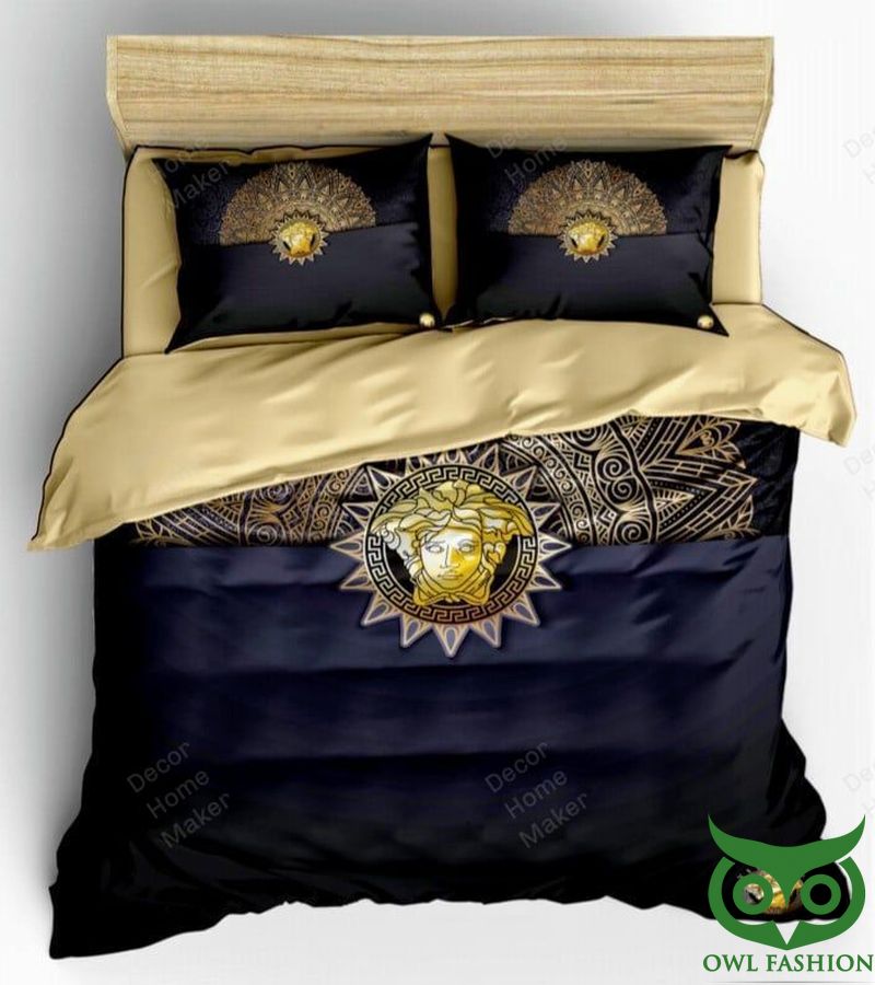Luxury Versace Dark Black and Gold Medusa Head Center Bedding Set