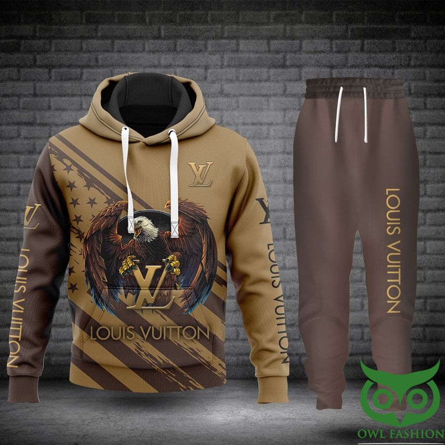 179 Luxury Louis Vuitton Dark Light Brown with Big Eagle in Center and Logo 3D Shirt and Pants