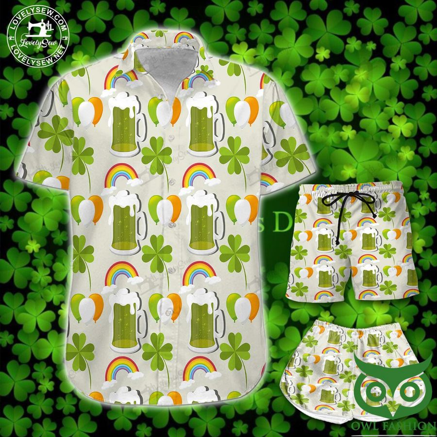 43 St. Patrick Day Beer Cup with Leaves and Ballons Hawaiian Shirt and Shorts