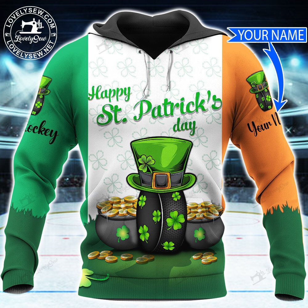 Custom Name Hockey Happy St. Patrick's Day with Hat and Coins 3D Shirt