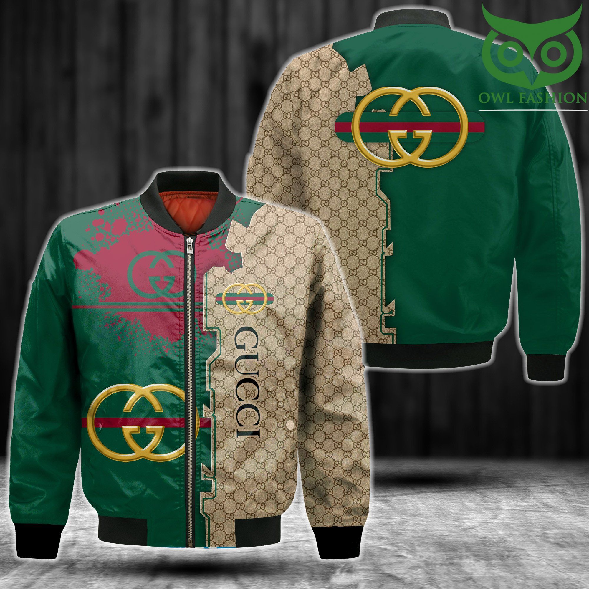 Gucci dark green and signature beige bomber jacket