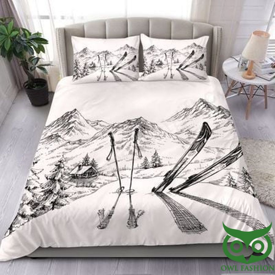 Skiing Skis and Ski pole black and white mountain background Bedding Set