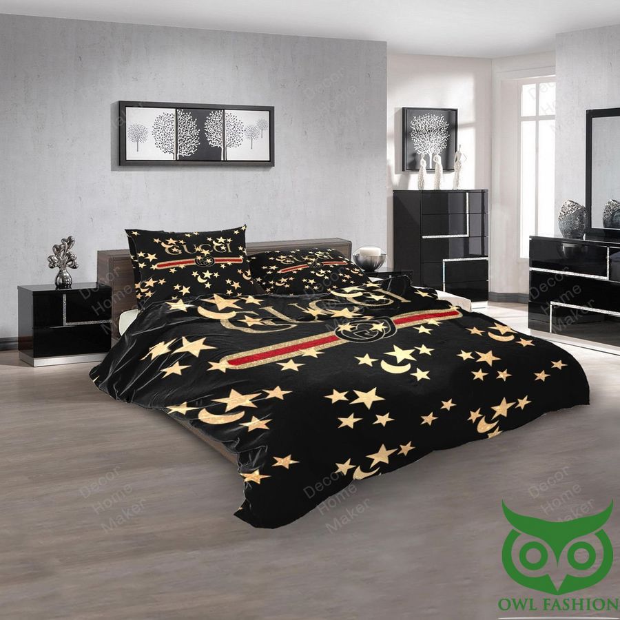 9 Luxury Gucci Black Starry Sky with Moon Patterns Bedding Set
