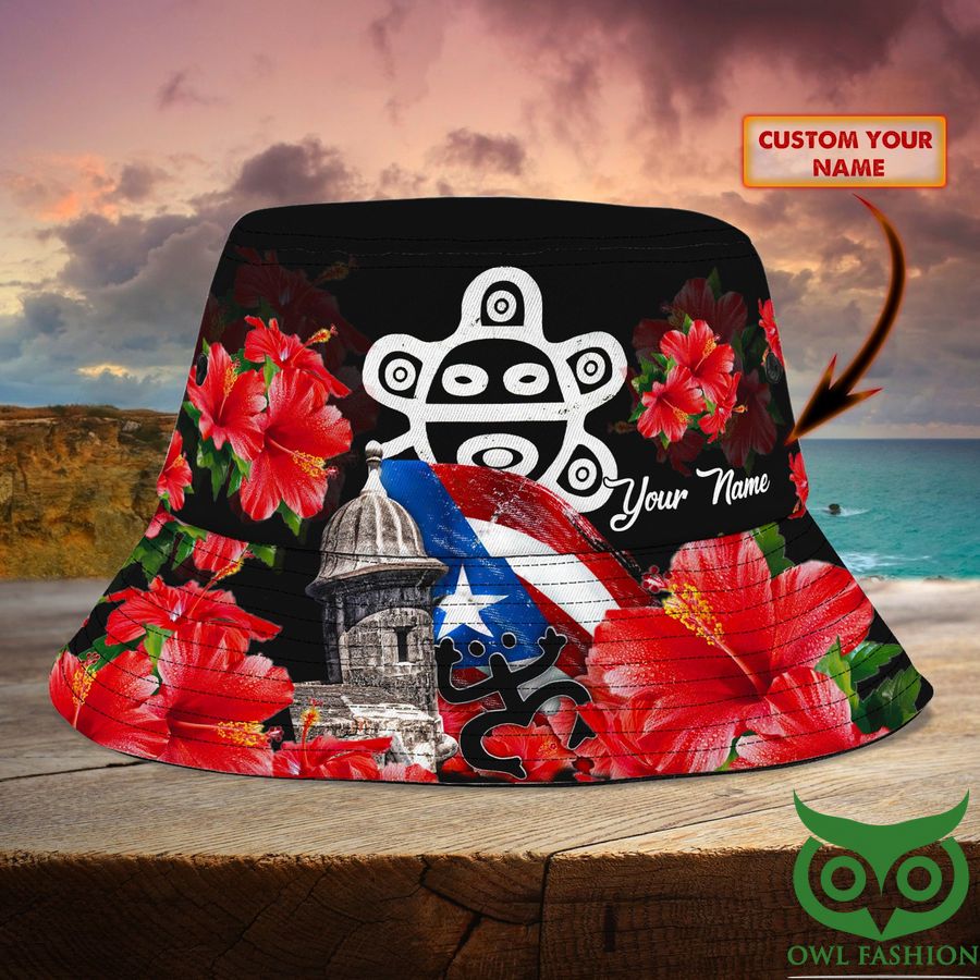 Custom Name Puerto Rico Castle with Flag and Icons and Flowers Bucket Hat