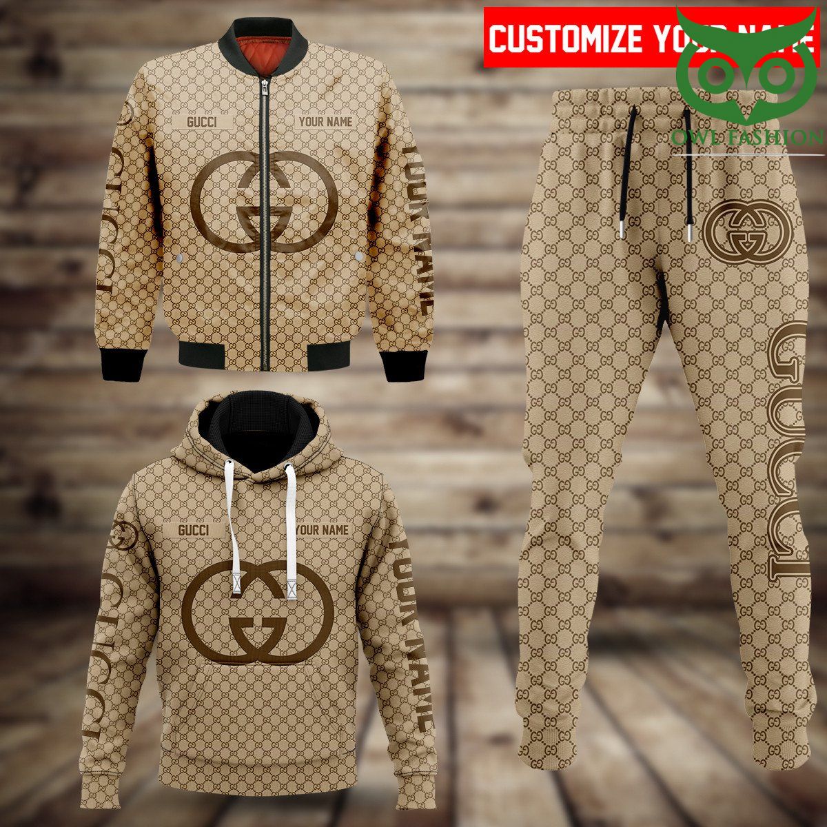 Gucci basic full beige Fashion Bomber Jacket Hoodie and Pants 