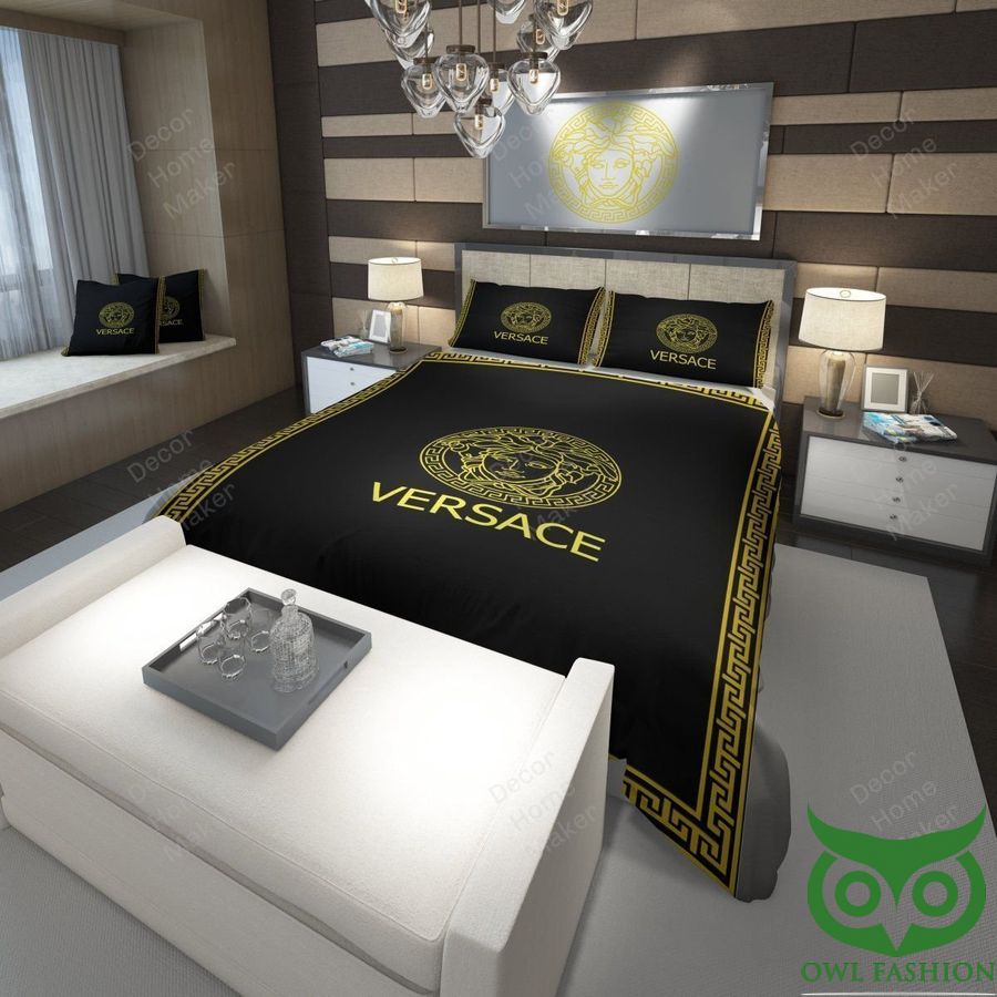 Luxury Versace Black with Yellow Greca Around and Medusa Head Center Bedding Set