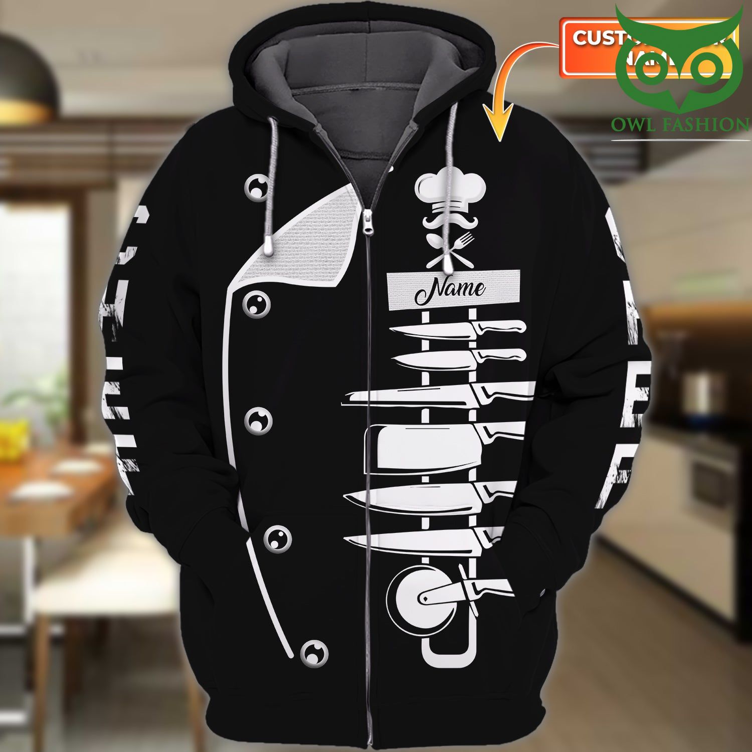 Chef Cooking Lovers Personalized Name black 3D Zipper Hoodie 