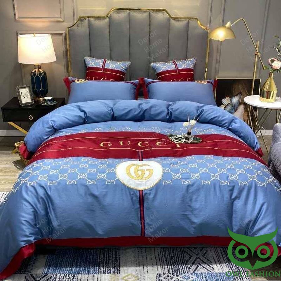 Luxury Gucci Blue and Red with Monogram Pattern and Brand Name Bedding Set