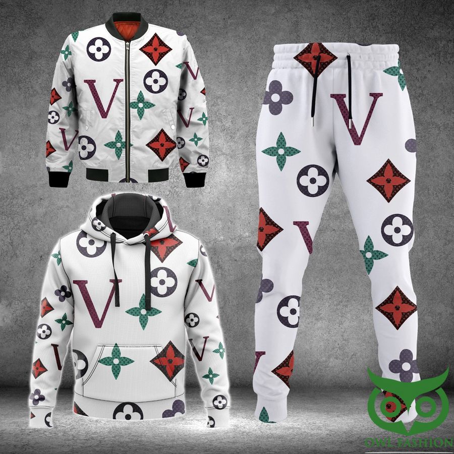 Luxury Louis Vuitton White with Colorful Patterns and Big V 3D Shirt and Pants