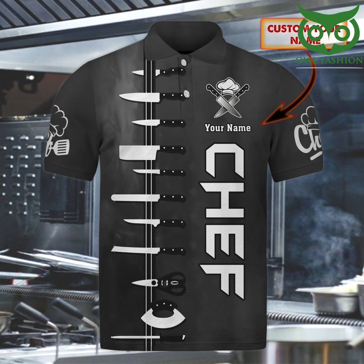 CHEF professional knives Personalized Name grey 3D Polo Shirt
