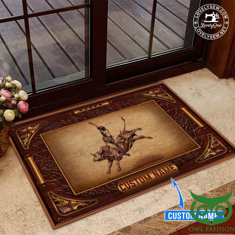 Customized Bull Riding with Pattern Around Brown Doormat