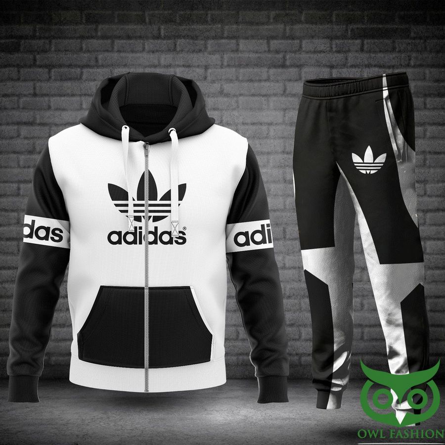 3 Luxury Adidas Black and White with Logo in Center Hoodie and Pants