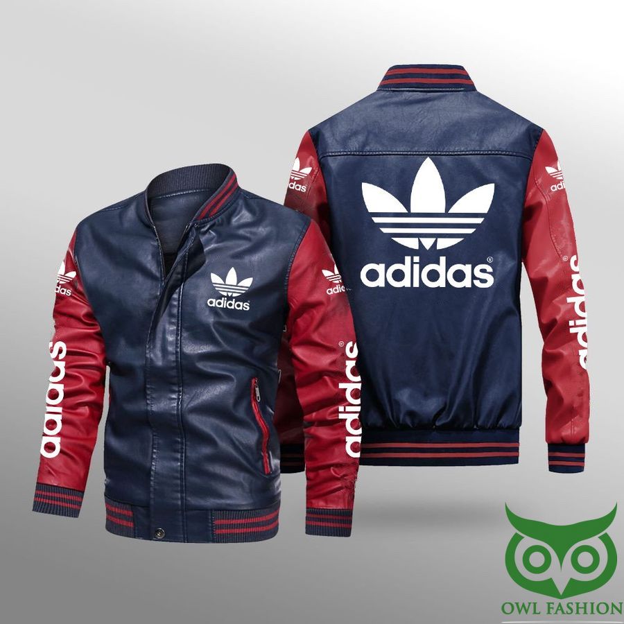 168 Luxury Adidas Black and White and Red and Blue with White Logo Leather Jacket