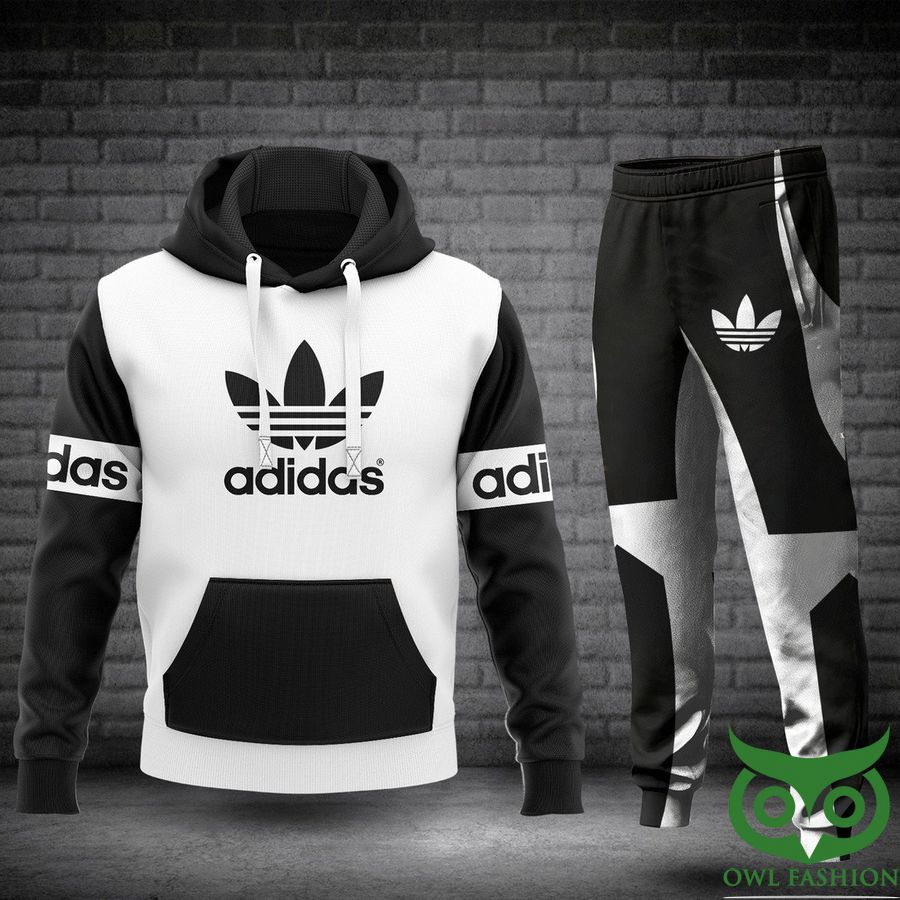 2 Luxury Adidas Black and White with Logo in Center Hoodie and Pants