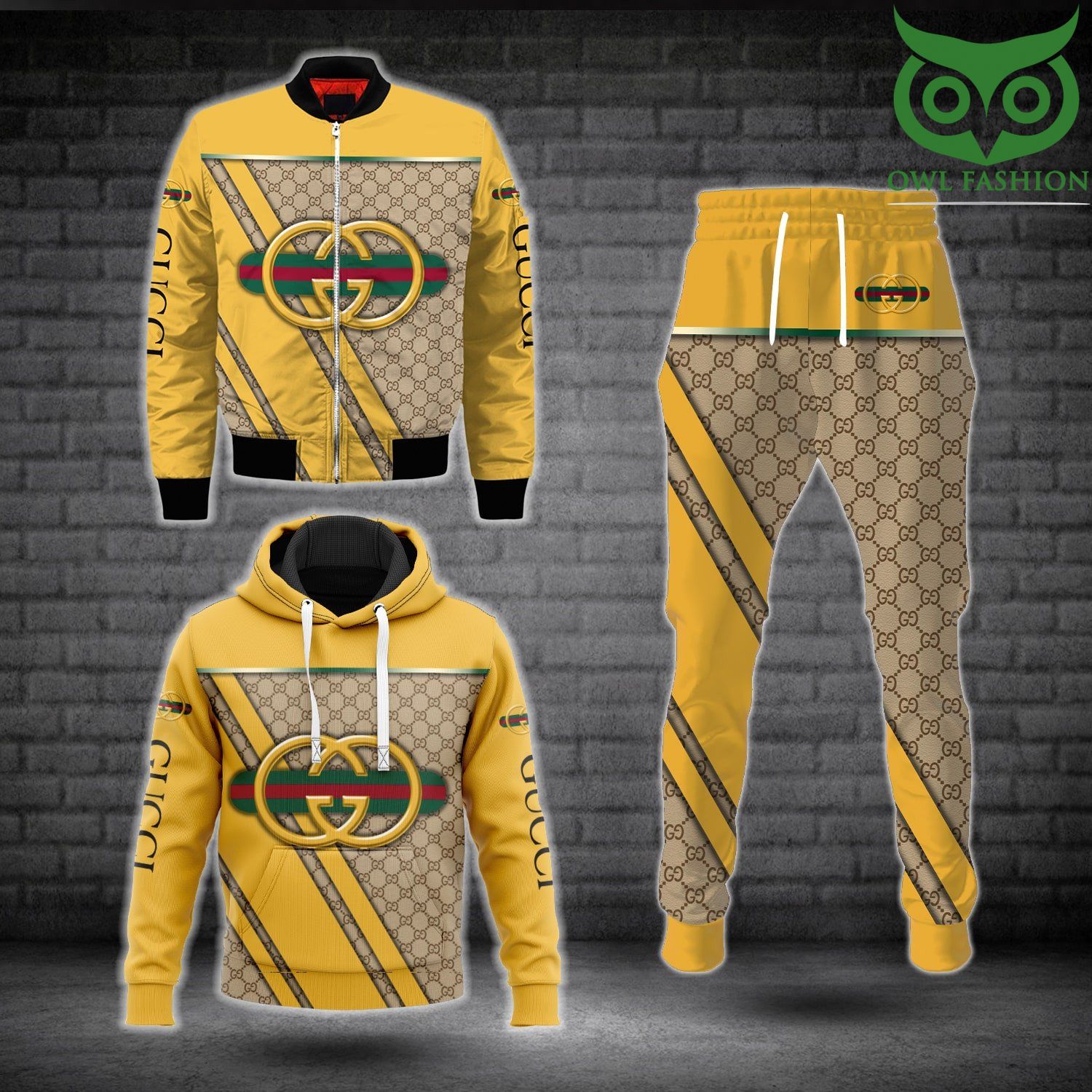 Gucci light yellow Fashion Bomber Jacket Hoodie and Pants 