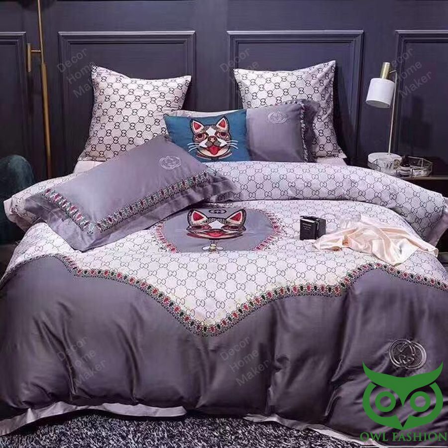 Luxury Gucci Dark and Light Gray with Cat in Center and Logo Bedding Set