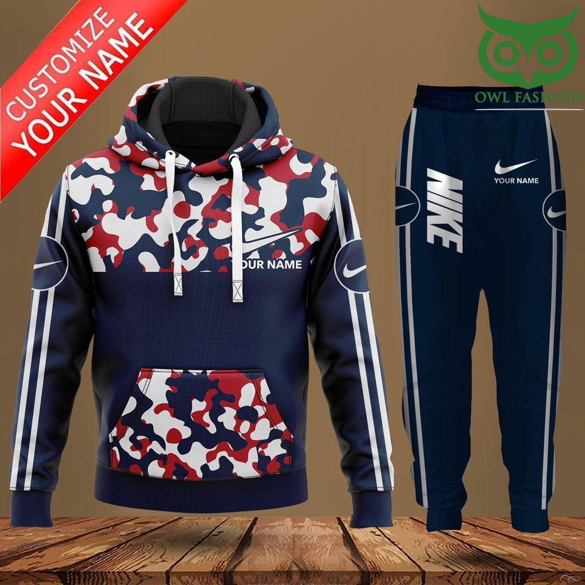 Personalized Nike blue red camo hoodies and sweatpants