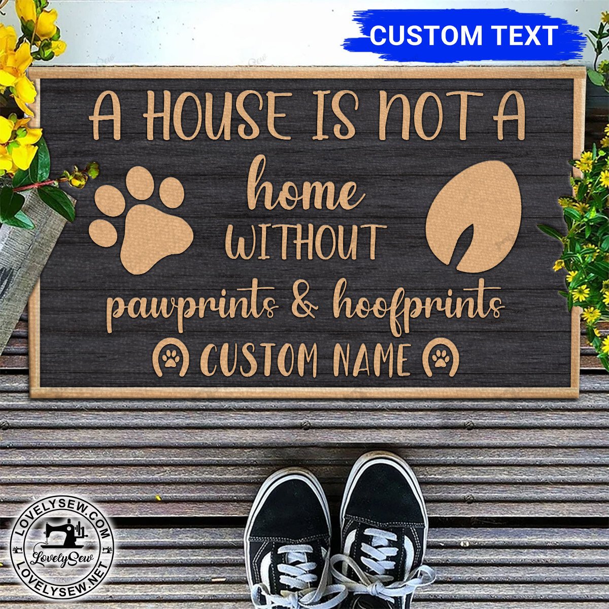 Custom Name Dog Paw and Horse Hoof Black and Brown Doormat