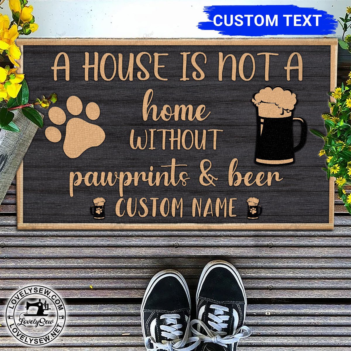 Custom Name Pawprints and Beer Brown and Black Doormat