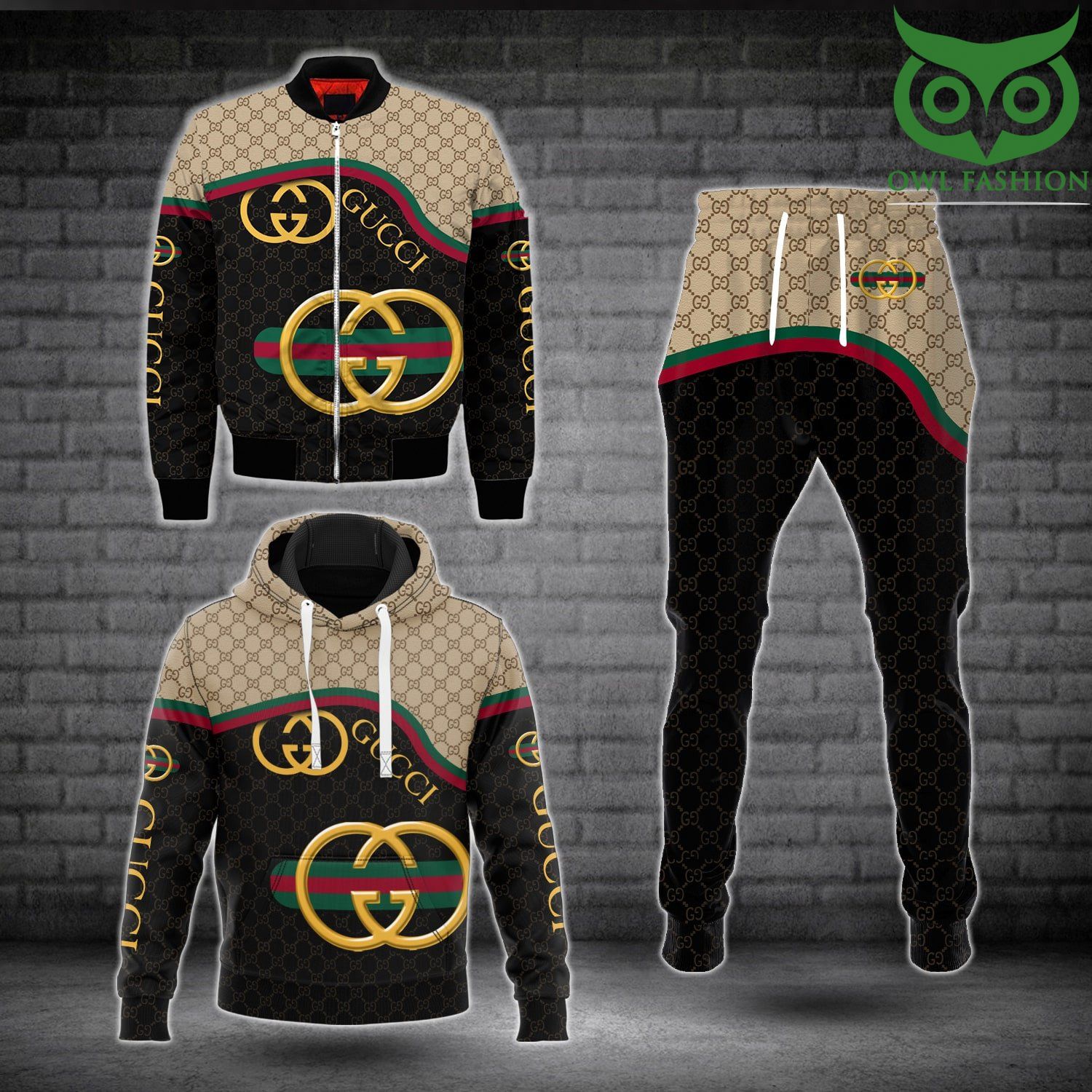 Gucci big golden logo Fashion Bomber Jacket Hoodie and Pants 