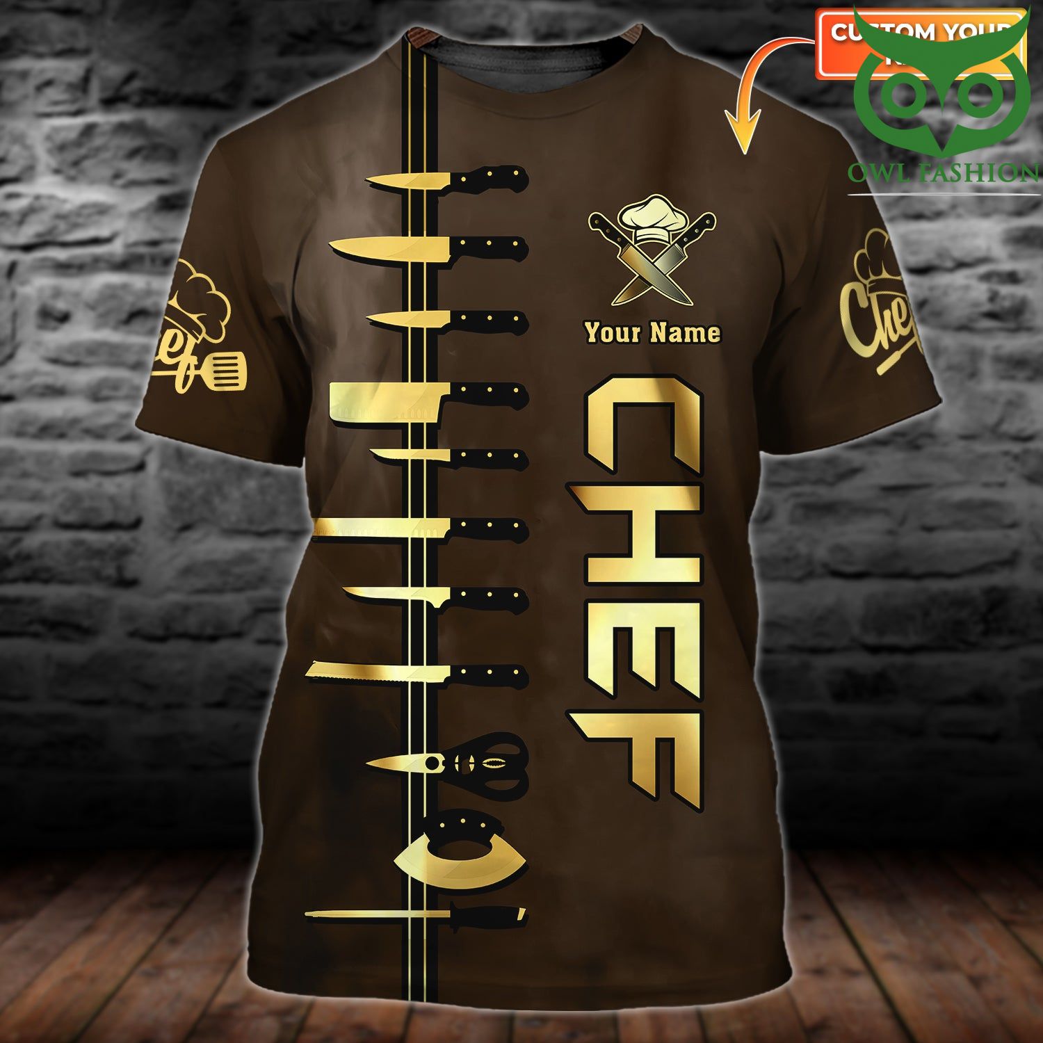 45 CHEF Personalized Name Brown and Gold 3D Tshirt