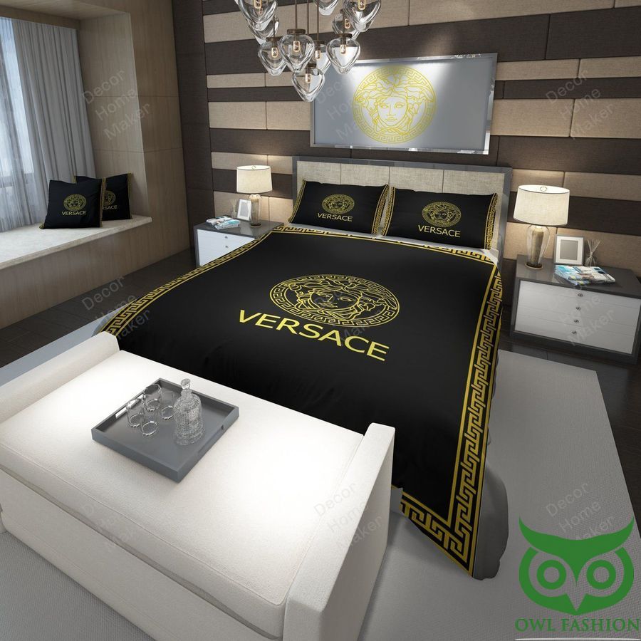 Luxury Versace Dark Black and Gold Color Big Logo in Center Bedding Set