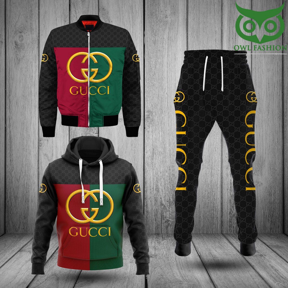 Gucci big golden logo red green Fashion Bomber Jacket Hoodie and Pants 