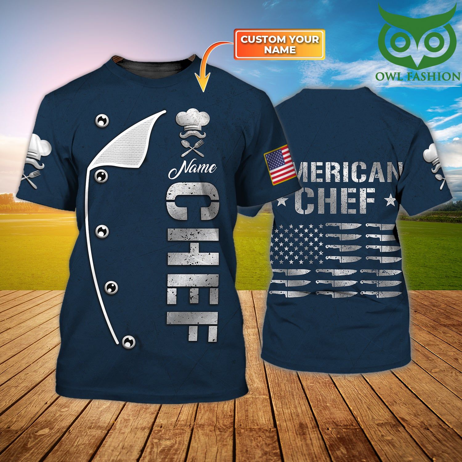 American Chef Personalized Name navy 3D Tshirt
