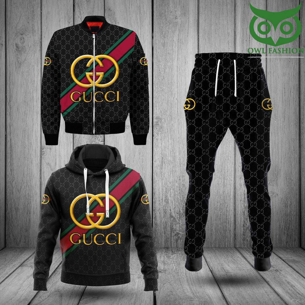 Gucci big golden logo black luxury Fashion Bomber Jacket Hoodie and Pants 