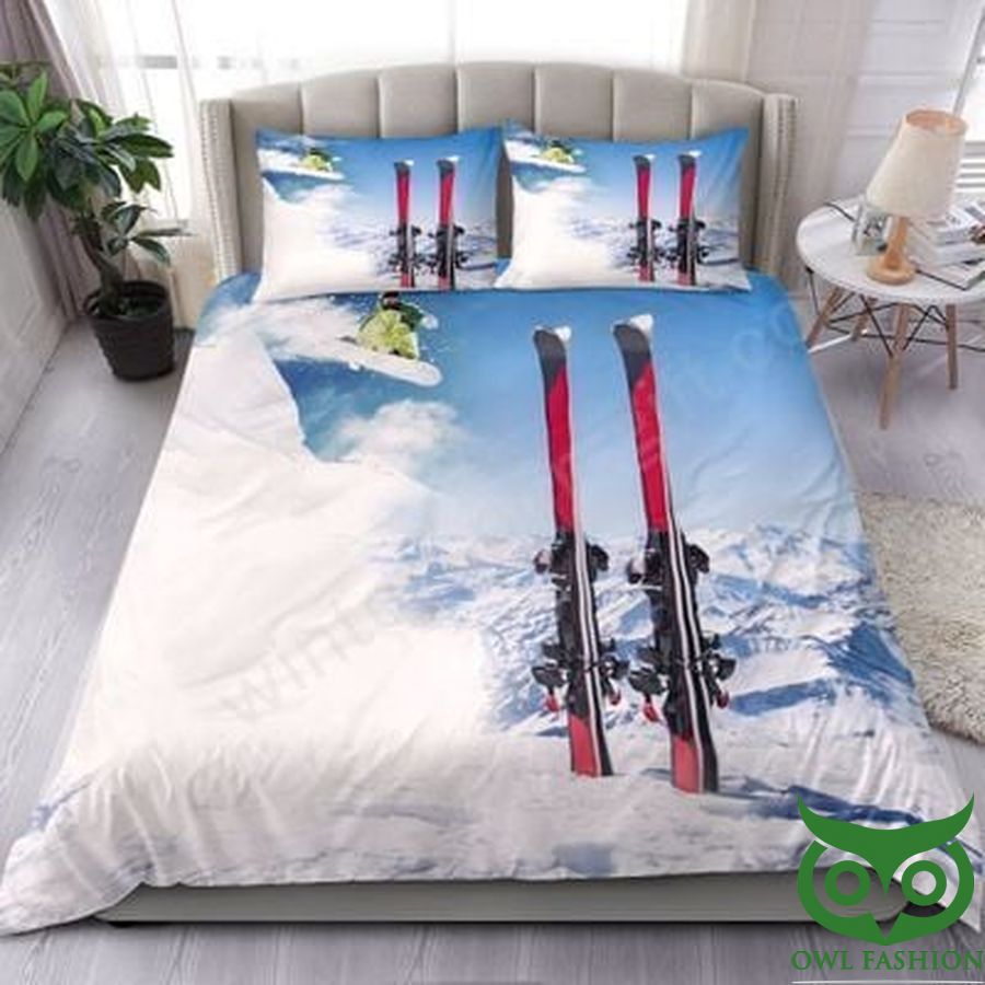 Skiing Red ski poles white snow mountain Blue Sky Bedding Set