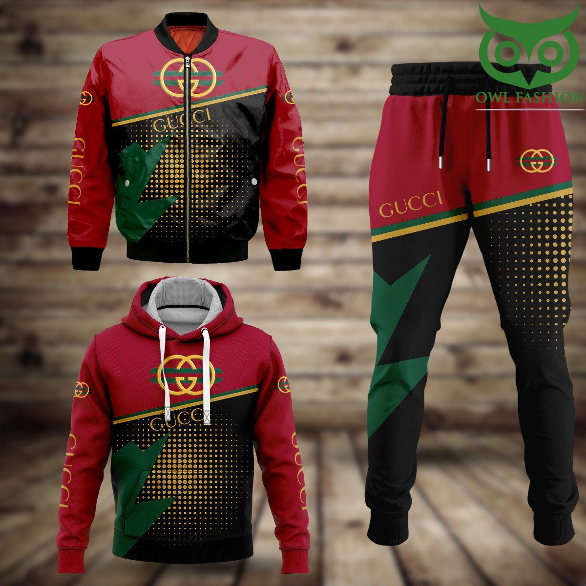 2 Gucci red green yellow Fashion Bomber Jacket Hoodie and Pants