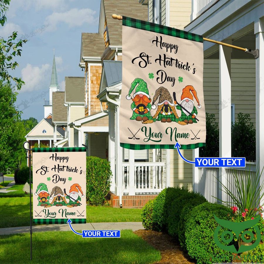 Custom Name Hockey Gnome Welcome St. Patrick's Day Beige and Green Flag