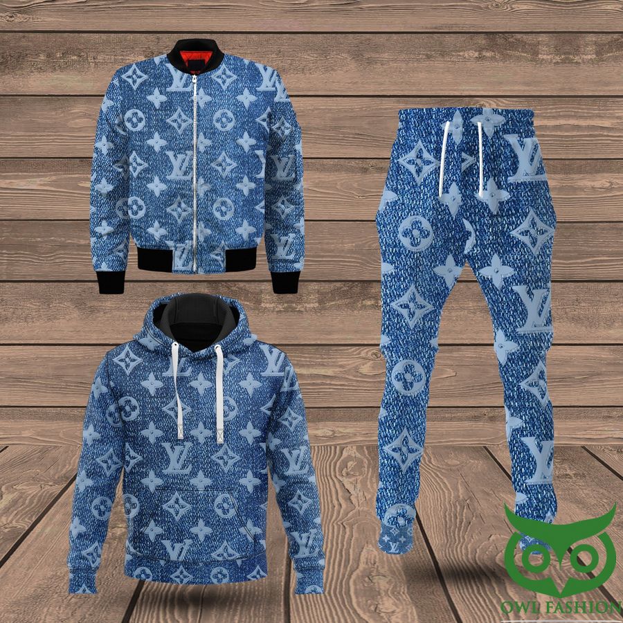 164 Luxury Louis Vuitton Blue with Monogram Denim Pattern Logo 3D Shirt and Pants