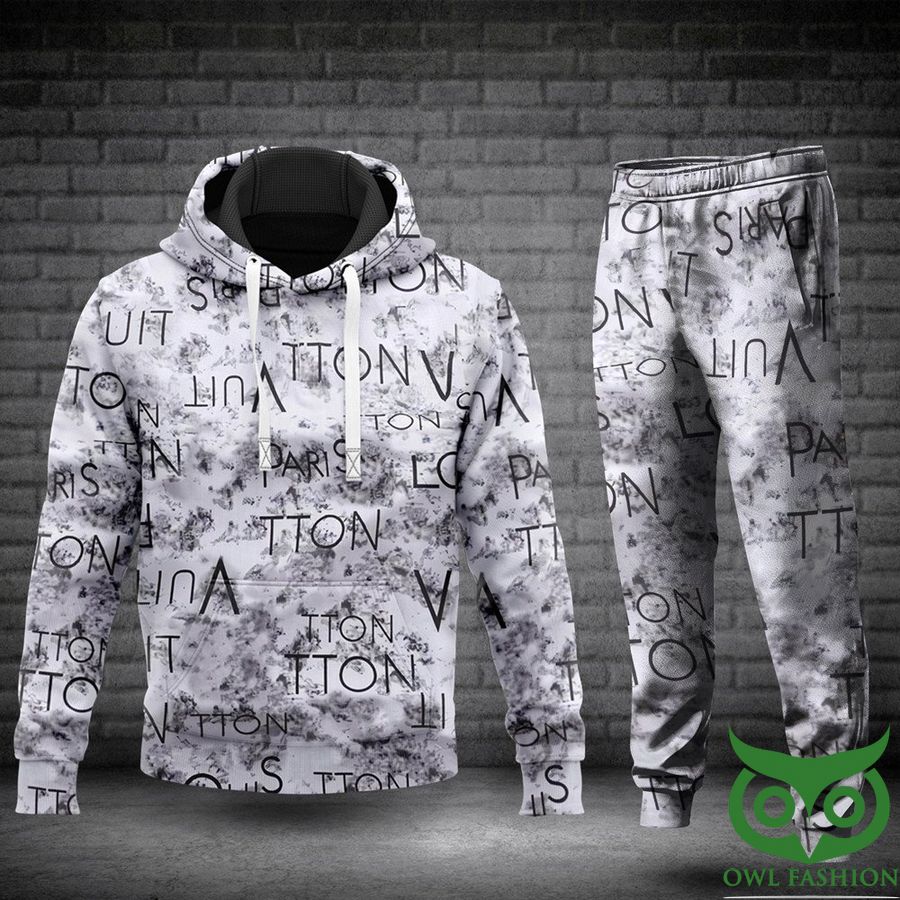 12 Luxury Louis Vuitton Paris White with Black Logo and Gray Splatter 3D Shirt and Pants