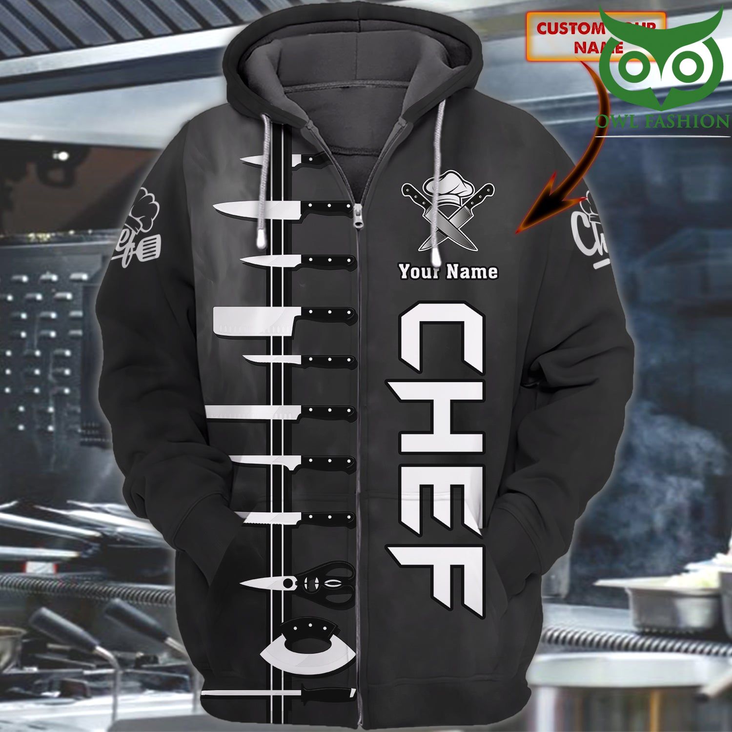 53 CHEF Personalized Name with knives grey 3D Zipper Hoodie