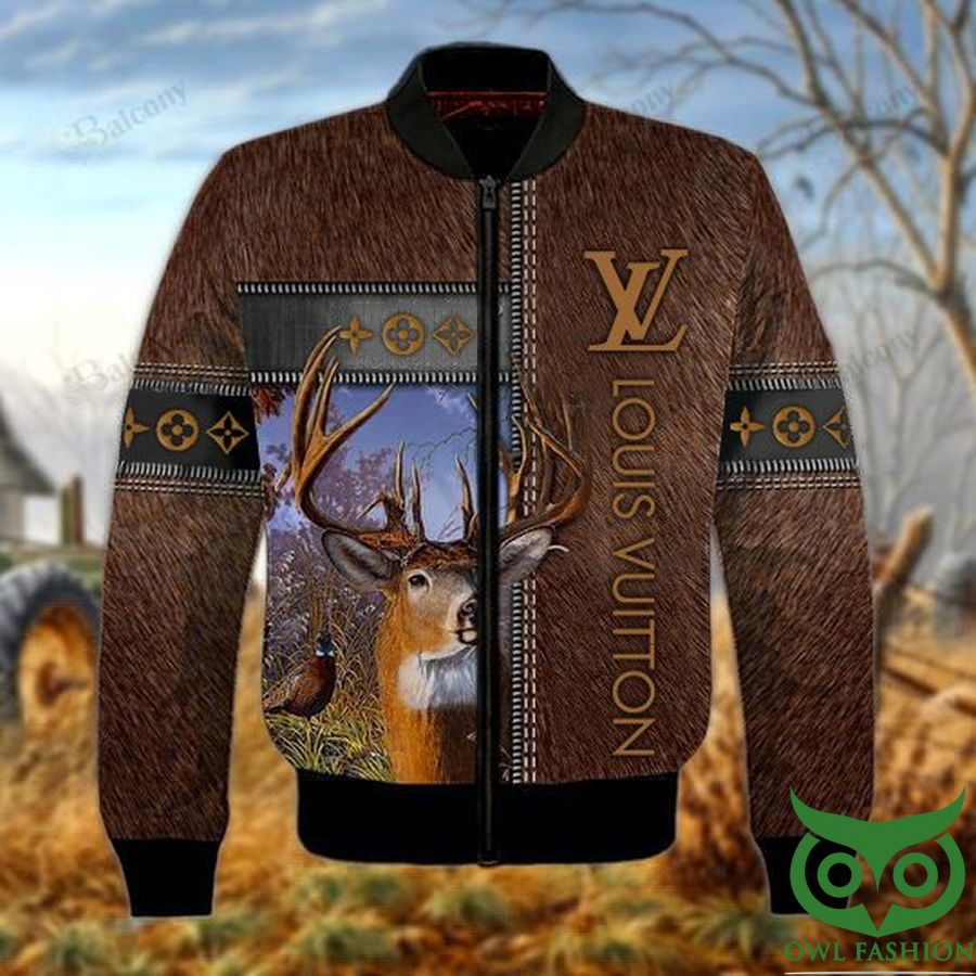 201 Luxury Louis Vuitton Brown with Deer under Sky with Logo Bomber Jacket