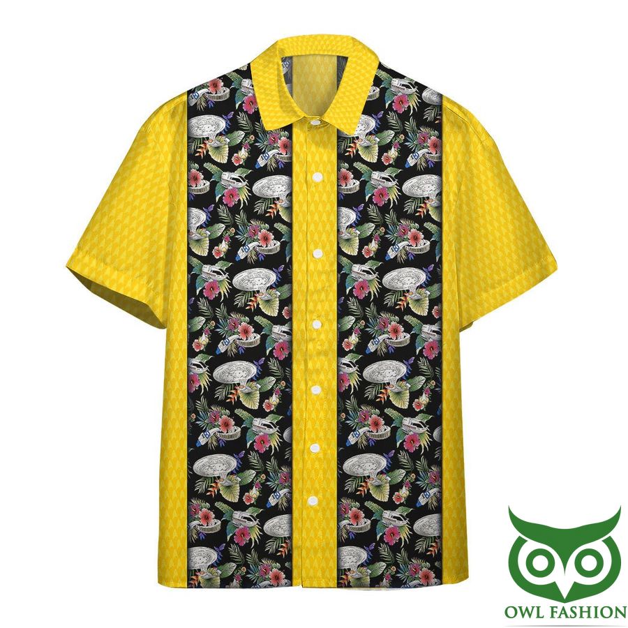 94 Star Trek Yellow Vertical and Black with Flower and Leaves Patterns Hawaiian Shirt