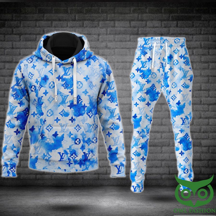118 Luxury Louis Vuitton White with Blue Pattern and Splatters Hoodie and Pants