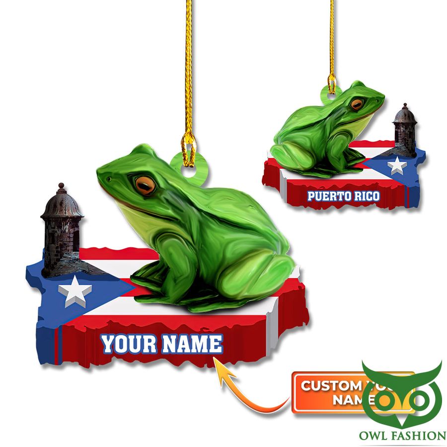 3 Custom Name Puerto Rico with Green Frog sitting on Territory Flag Ornament