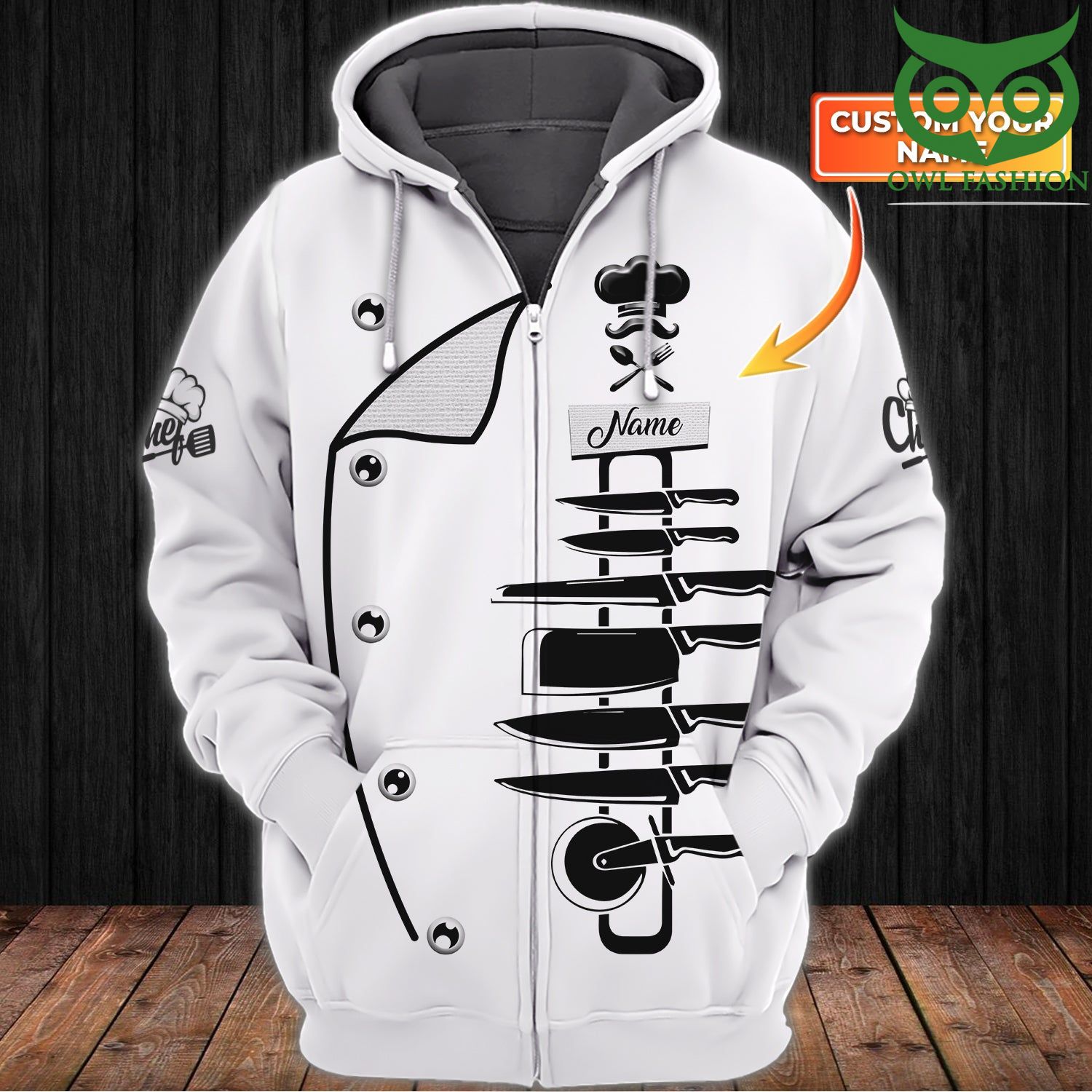 55 Chef Cooking Lovers Personalized Name white 3D Zipper Hoodie