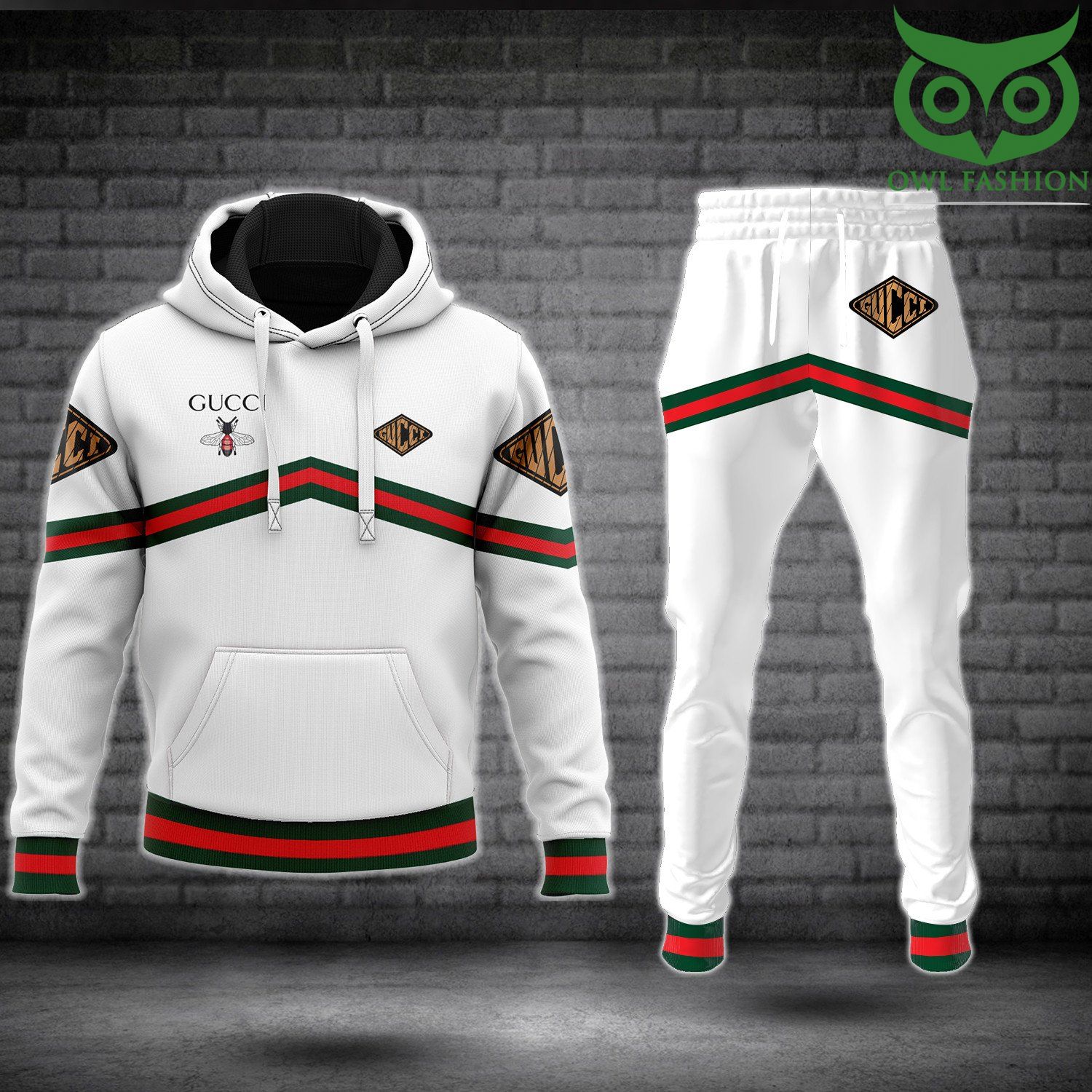 2 Gucci Bee red lines white hoodie and pants set