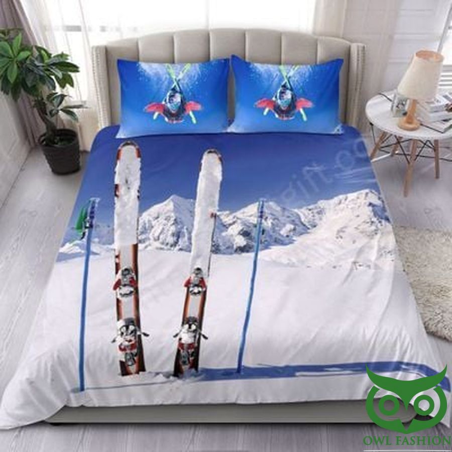 65 Skiing Skis pole and Skis snow mountain background and blue sky Bedding Set