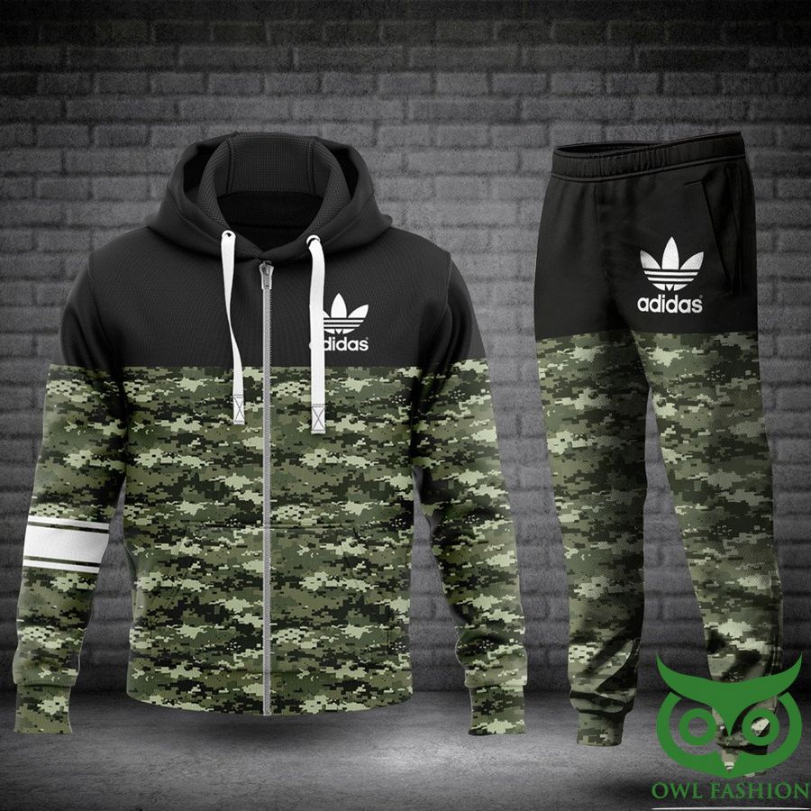 121 Luxury Adidas Half Black Half Camo Pattern White Logo and Thick Line Hoodie and Pants
