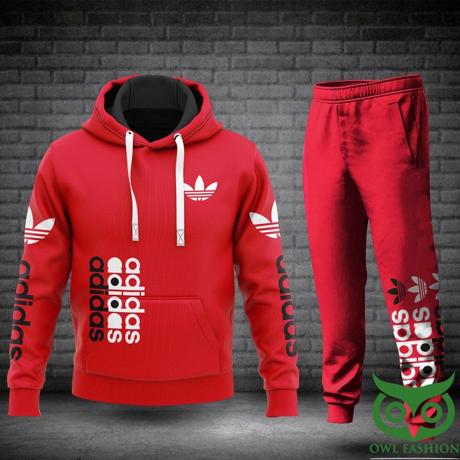 110 Luxury Adidas Red with Black and White Vertical Brand Name Hoodie and Pants