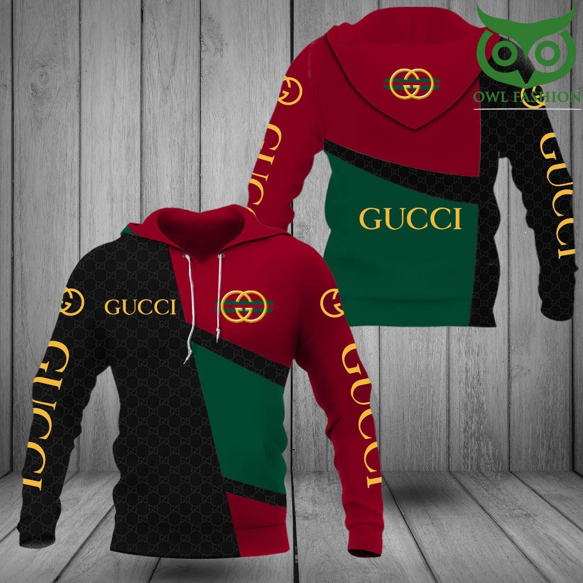 113 Gucci luxury half black half green red 3D Hoodie